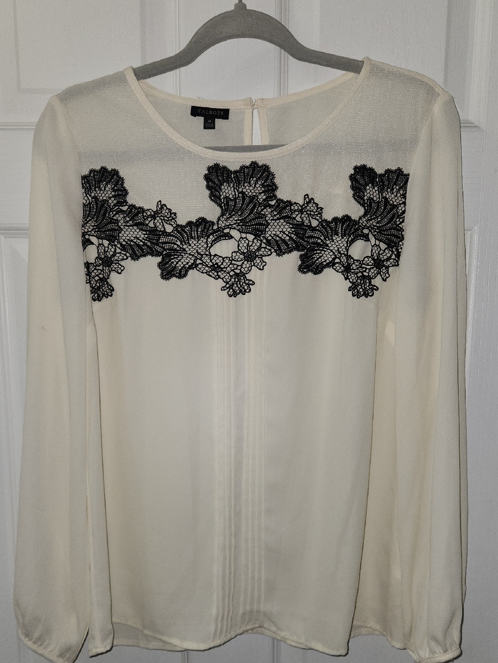 Talbots Ivory Blouse with Black Lace Yoke